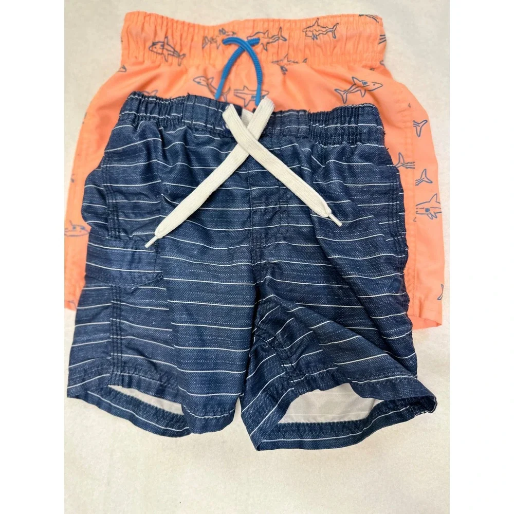 Boys Swim Trunks Bundle 3T & 5T Orange Navy Shark Striped Good